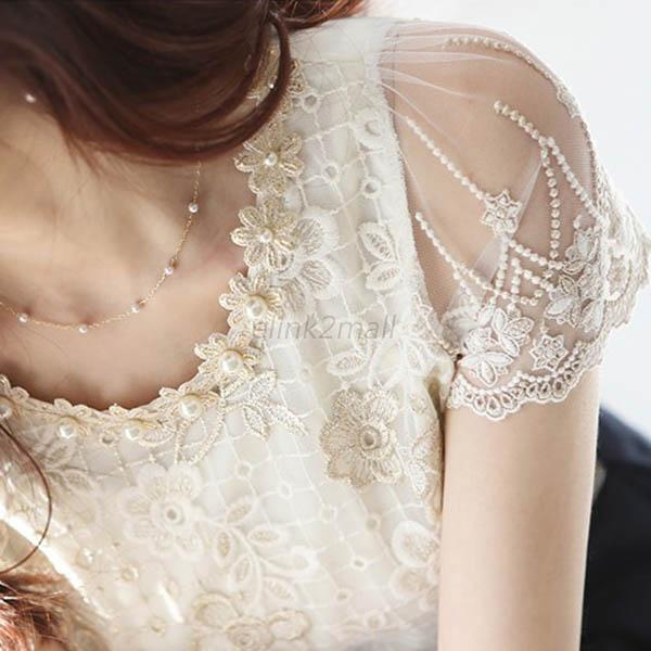 Women's Fashion Elegant Flower Beading Lace Embroidered Tops Blouses ...