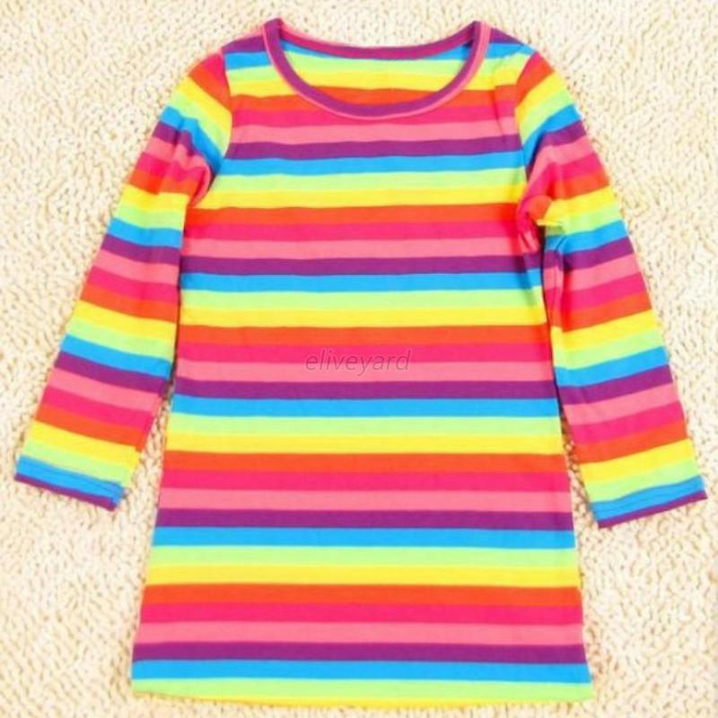 Toddler Baby Girls Long Sleeve Rainbow Striped Tops TShirt Casual