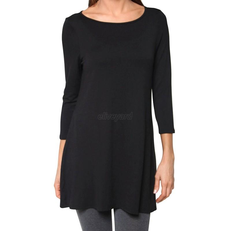 Fashion Womens Casual Top Blouse Boat Neck 3/4 Sleeve Loose Tunic Long ...