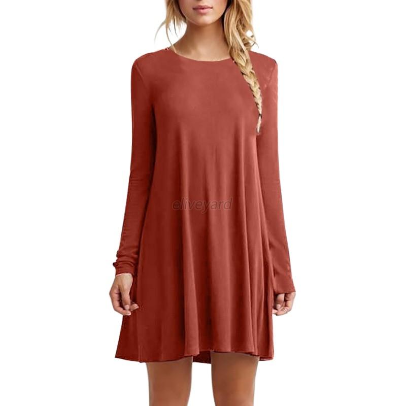 V Neck Plain Long Sleeve Casual Dresses