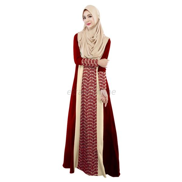 Lace Stitching Long Sleeve Party Maxi Dress Abaya Islamic 