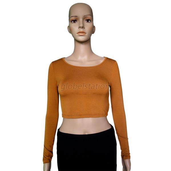 Sexy Lady Scoop Neck Long Sleeve Crop Belly Tops Fitted Tee Stretchy T