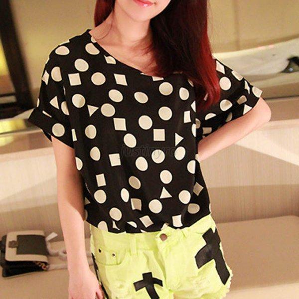 Nice Korean Womens Cute Short Batwing Sleeve Printed Chiffon T-shirt ...
