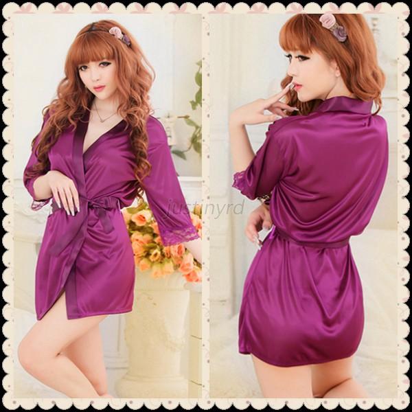 Women's Sexy Nightdress+Gstring Thongs Satin Robe Lace Bathrobes