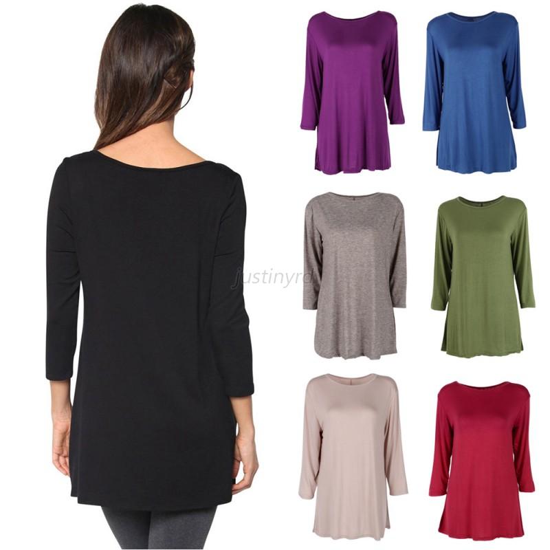 New Women Ladies Casual Top Blouse Boat Neck 3/4 Sleeve Loose Tunic ...