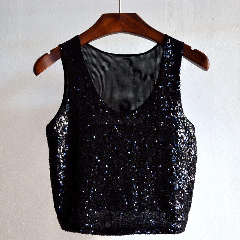 Women Bling Sequin Vest Crop Tops Tee Sleeveless Party Cami Tank ...