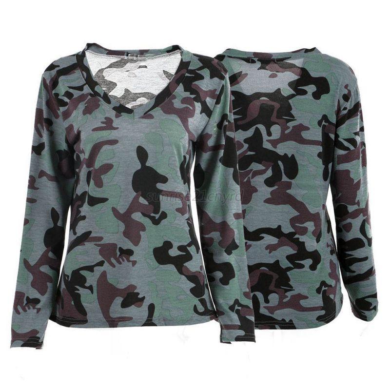 Womens Casual V Neck Camouflage Military Camo Long Sleeve T Shirt Top Blouse Ebay