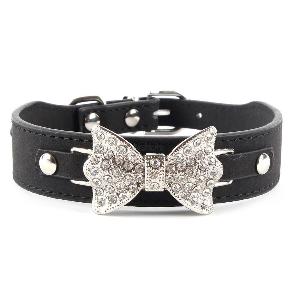 Small Bling Red Girly Dog Collar Crystal Bow Leather Pet Collar Puppy