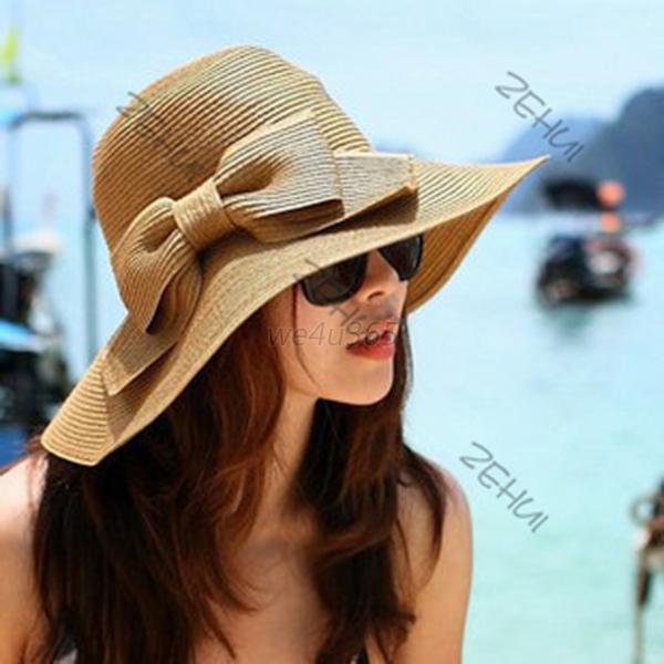 Women Girls Folding Sun Hat Summer Beach Cap Wide Brim Bowknot Floppy ...