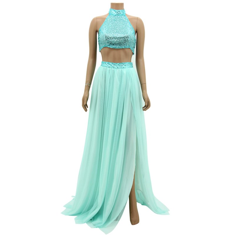 Women's Halter Crop Tops Sequins Maxi Long Dress Cocktail Party Gown